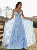 A-Line/Princess Lace Ruffles V-neck Sleeveless Sweep/Brush Train Dresses HZ1023