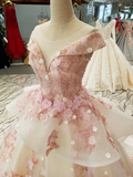 Ingvn Pink Princess Quinceanera Dress Appliques Beads 3D Flowers Prom Party Sweet 16 Ball Gown HZ1023