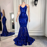 Spaghetti-Straps Royal Blue Long Mermaid Prom Dress With Sequins HZ1023