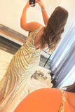 Sparkly Golden V-Neck Sequins Long Prom Dress HZ1023