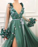 new prom dress, v neck prom gown with long sleeve HZ1023