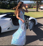 Sparkly Mermaid V Neck Light Blue Sequins Long Prom Dresses with Slit HZ1023