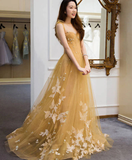Champagne tulle lace long prom dress, tulle lace evening dress HZ1023
