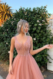 Elegant A Line Tulle Pink V Neck Beads Prom Dresses, Long Evening HZ1023