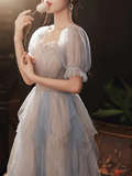 A-Line Prom Dresses Color Block Dress Wedding Party Floor Length Half Sleeve Scoop Neck Tulle with Pleats Ruffles HZ1023