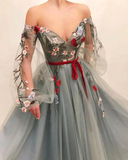 Chic Off The Shoulder Long Sleeves A Line Tulle Long Prom Dress With Flowers HZ1023