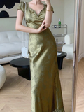 Summer Elegant Women Satin Backless Short Sleeve Lace Sexy Bandage Vintage Bodycon Vestidos Female Fashion Robe New Prom Dress HZ1023