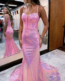 Sparkly Mermaid Sweetheart Pink Sequins Long Prom Dresses HZ1023