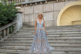 Sexy mother of the groom dress, Blue evening gown, Sleeveless prom dress, Gray Blue mother of the bride dress, Floral formal dress in gray HZ1023