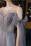Gray Blue Prom Dress Stunning Glitter Tulle Bridesmaid Dress Long Tulle Sleeves Graduation Dress Illusion Evening Dress Floor Length HZ1023