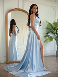Sheath/Column Elastic Woven Satin Ruched Spaghetti Straps Sleeveless Sweep/Brush Train Dresses HZ1023