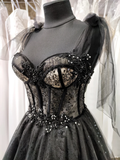 Tulle black applique beaded A-line maxi corset dress party dress off-the-shoulder gown ball gown elegant evening dress HZ1023
