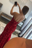 Burgundy Sequin Strapless Mermaid Long Prom Dress HZ1023