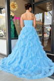 Light Blue Tulle Ruffled Net Streapless Long Prom Dress HZ1023
