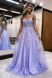 A Line Spaghetti Straps Lilac Corset Prom Dress with Appliques HZ1023