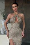 HALTER SEQUINS MERMAID PROM DRESS SLEEVELESS WITH SLIT HZ1023