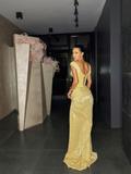 Yellow shiny sequins long fashion sleeveless slit sexy ball gown evening dress HZ1023