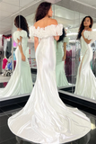 White Mermaid V Neck Ruffle Off-the-Shoulder Long Prom Dress with Beaded HZ1023