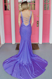V-Neck Lilac Beaded Prom Dress with Sweep Train HZ1023