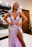 Chic Lilac V Neck Sleeveless Mermaid Long Prom Dress With Slit, Formal Gown HZ1023