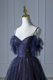 Blue beautiful gradient shiny beads spaghetti strap tulle long ball gown evening dress HZ1023