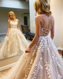 Appliqued Tulle Prom Dresses A-line Spaghetti Straps Gowns HZ1023