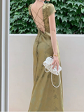 Summer Elegant Women Satin Backless Short Sleeve Lace Sexy Bandage Vintage Bodycon Vestidos Female Fashion Robe New Prom Dress HZ1023