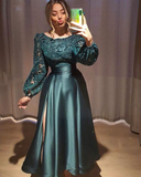 Green Satin Long Sleeves Prom Dresses Party Gowns Lace Evening Dress HZ1023