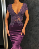 Chic V-neck short sleeve evening gown mermaid beaded long dress HZ1023