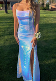 Spaghetti straps sheath prom dress with slit HZ1023