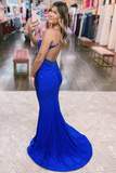 Royal Blue Lace Backless Mermaid Long Prom Dress HZ1023