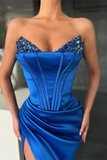 Royal Blue V Neck Mermaid Prom Dress Split With Sequins HZ1023