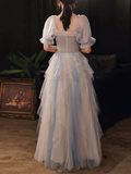 A-Line Prom Dresses Color Block Dress Wedding Party Floor Length Half Sleeve Scoop Neck Tulle with Pleats Ruffles HZ1023