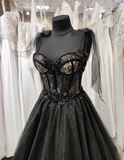 Tulle black applique beaded A-line maxi corset dress party dress off-the-shoulder gown ball gown elegant evening dress HZ1023