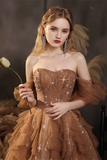 Champagne shiny elegant layered long tulle ball gown evening dress HZ1023