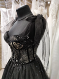 Tulle black applique beaded A-line maxi corset dress party dress off-the-shoulder gown ball gown elegant evening dress HZ1023