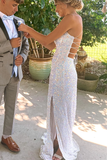 Emerald green/silver/orange/pink/yellow elegant sexy fashion spaghetti strap sequins mermaid slim fit slit long floor length prom dress evening dress party dress HZ1023