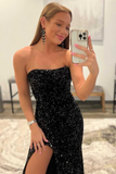 Burgundy Sequin Strapless Mermaid Long Prom Dress HZ1023