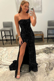 Burgundy Sequin Strapless Mermaid Long Prom Dress HZ1023
