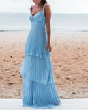 Blue simple fashion elegant V-neck layered chiffon charming long backless ball gown evening dress party dress HZ1023