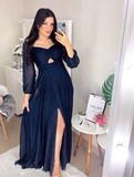 Shiny Dark Blue Long Sleeves Green Evening Dress Formal Party Dress With Slit HZ1023