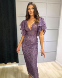 V Neck Purple Lace Prom Dress Sheath Evening Dress HZ1023