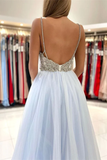 Spaghetti Straps V-Neck Tulle Long Prom Dresses With Beads HZ1023