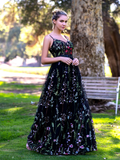 V-neck Spaghetti Straps Applique Tulle Floor Length Prom Dress HZ1023