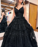 A-Line Deep V Neck Tiered Long Glitter Tulle Prom Dress HZ1023