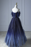 Blue beautiful gradient shiny beads spaghetti strap tulle long ball gown evening dress HZ1023