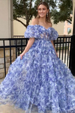 Off the Shoulder Floral Print Ruffled Tulle Prom Dress HZ1023