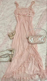 Pink Sweet Elegant Cute Lace Strap Ruffle A-Line Long chiffon prom dress Evening Dress HZ1023