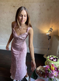 Pink satin lace v neck long evening gown party dress homecoming dress HZ1023