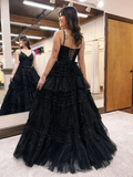 A-Line Deep V Neck Tiered Long Glitter Tulle Prom Dress HZ1023